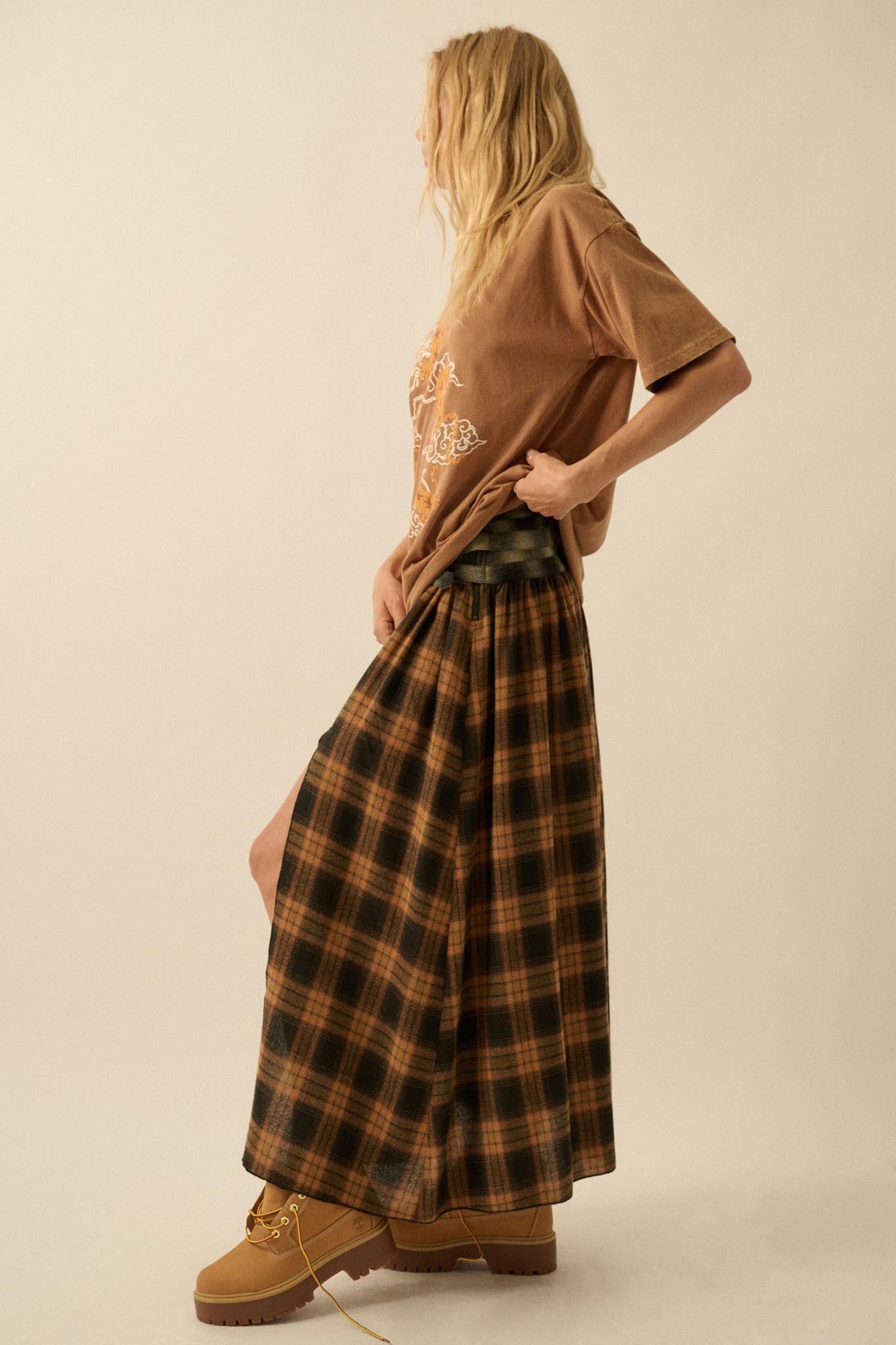 Checkered Past Belted Drop-Waist Plaid Maxi Skirt - ShopPromesa
