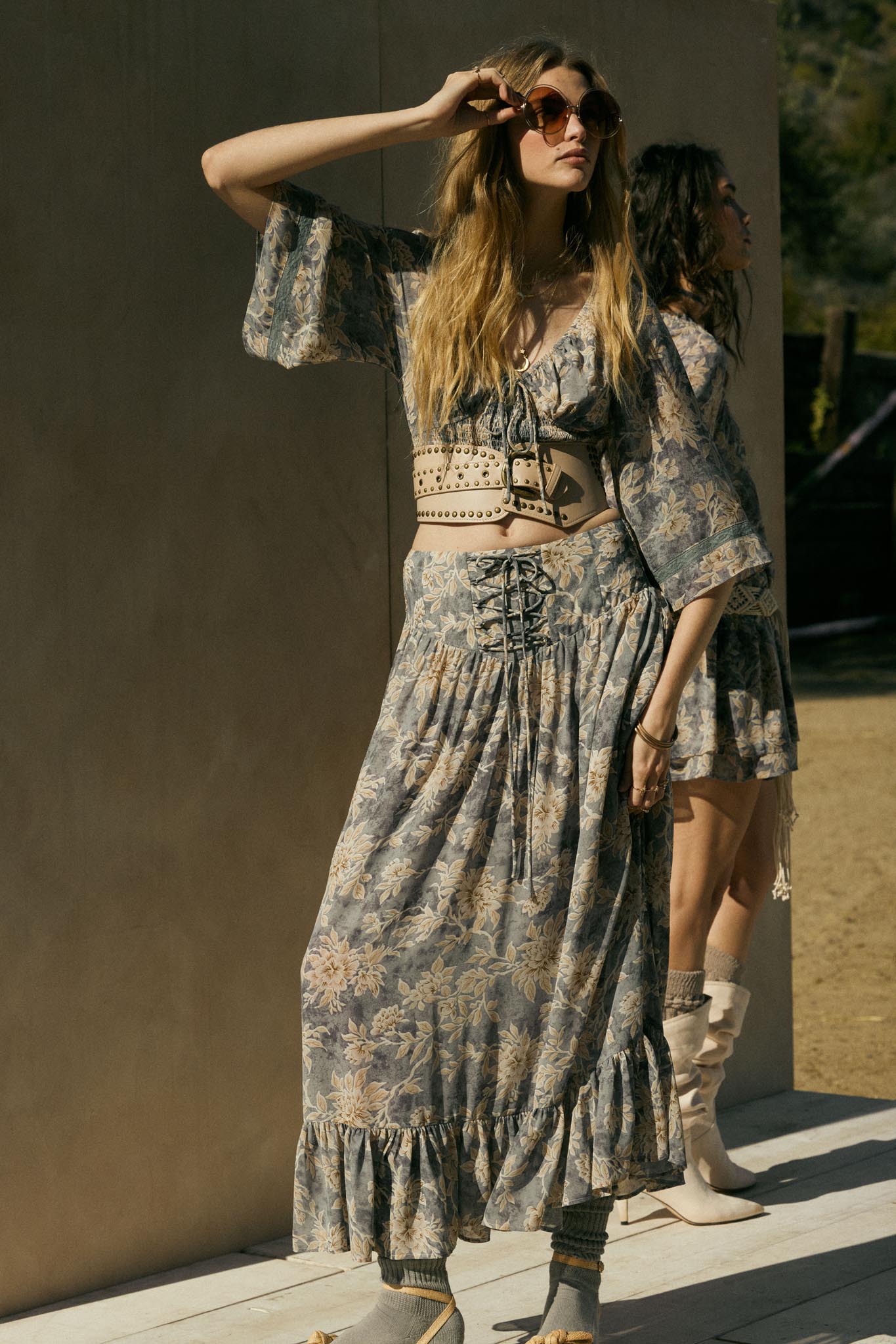 Well Beloved Floral Chiffon Drop-Waist Maxi Skirt Retro Blue / S Well Beloved Floral Chiffon Drop-Waist Maxi Skirt Retro Blue / S