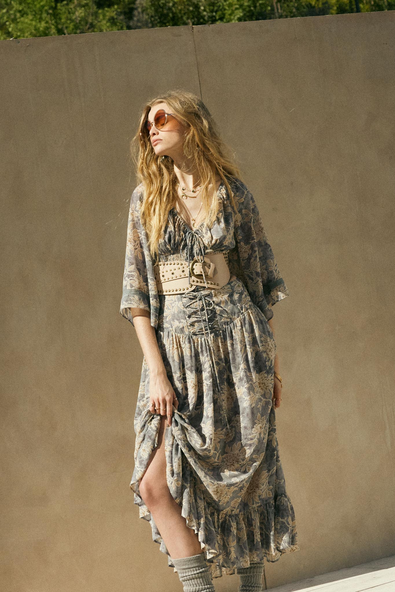 Well Beloved Floral Chiffon Drop-Waist Maxi Skirt Retro Blue / S Well Beloved Floral Chiffon Drop-Waist Maxi Skirt Retro Blue / S