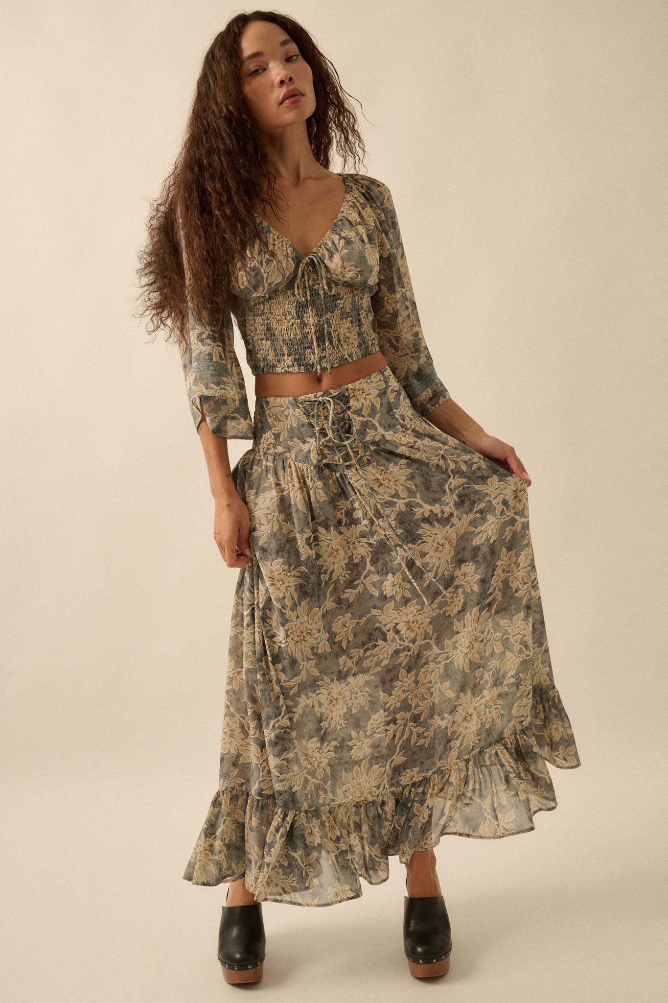Well Beloved Floral Chiffon Drop-Waist Maxi Skirt Retro Blue / S Well Beloved Floral Chiffon Drop-Waist Maxi Skirt Retro Blue / S