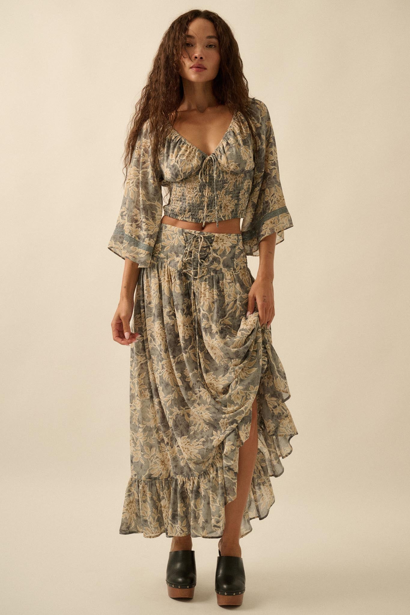 Well Beloved Floral Chiffon Drop-Waist Maxi Skirt Retro Blue / S Well Beloved Floral Chiffon Drop-Waist Maxi Skirt Retro Blue / S