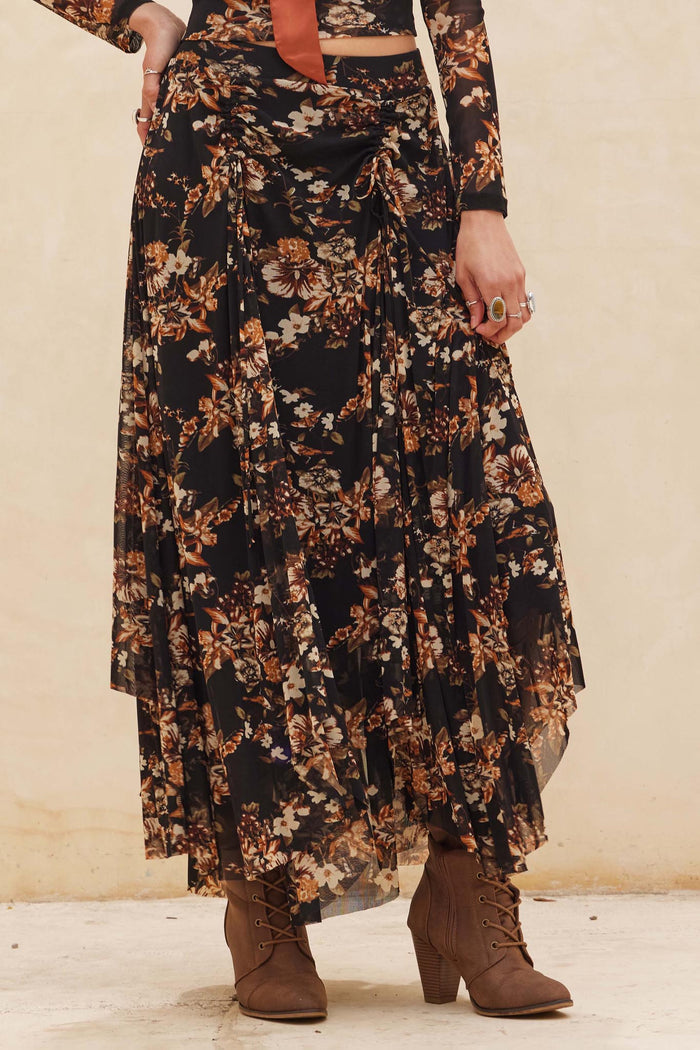 Forgotten Garden Floral Mesh Ruched Maxi Skirt - ShopPromesa