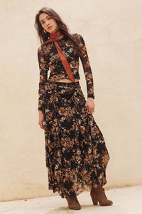 Forgotten Garden Floral Mesh Ruched Maxi Skirt - ShopPromesa
