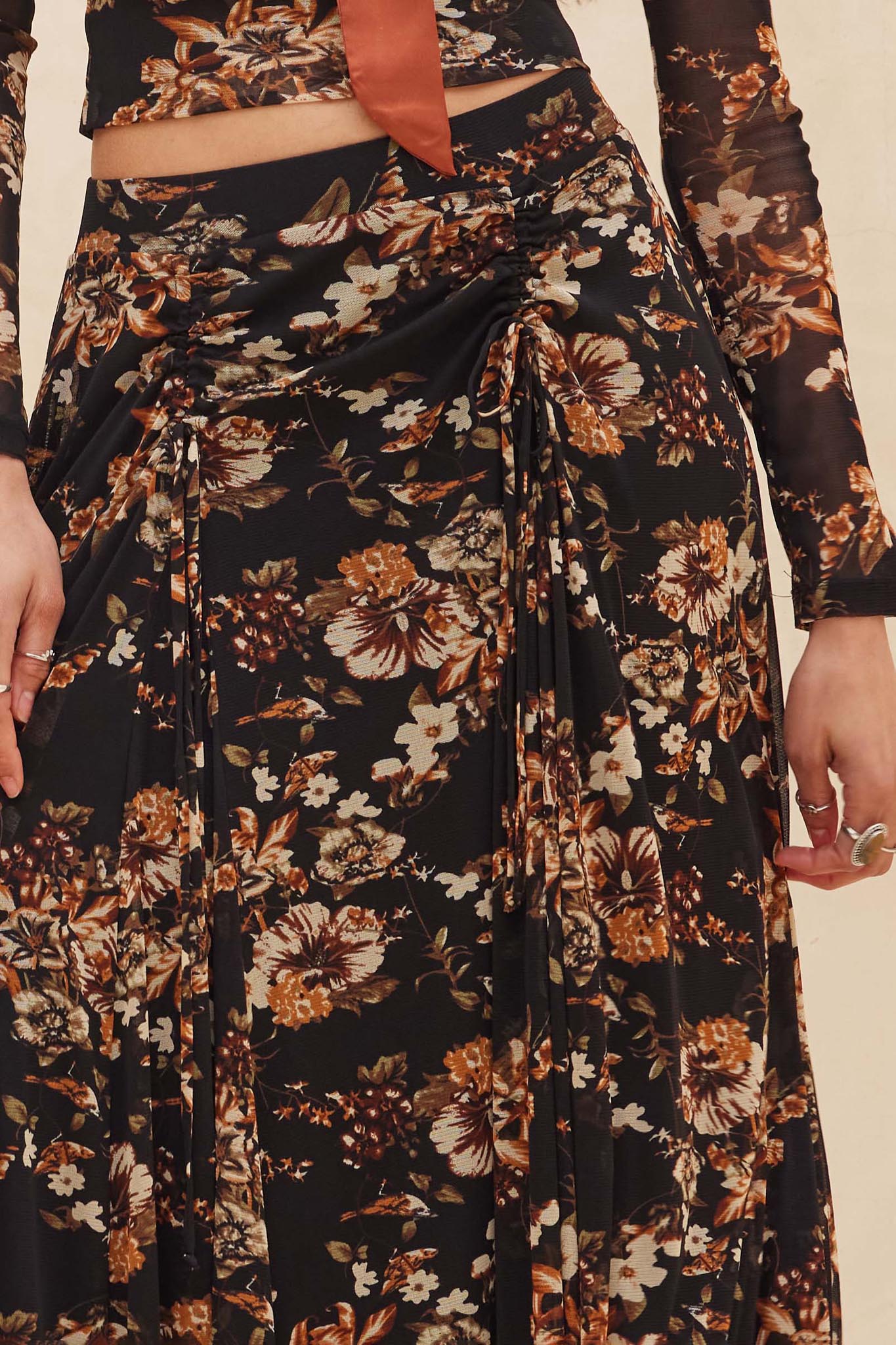 Forgotten Garden Floral Mesh Ruched Maxi Skirt - ShopPromesa
