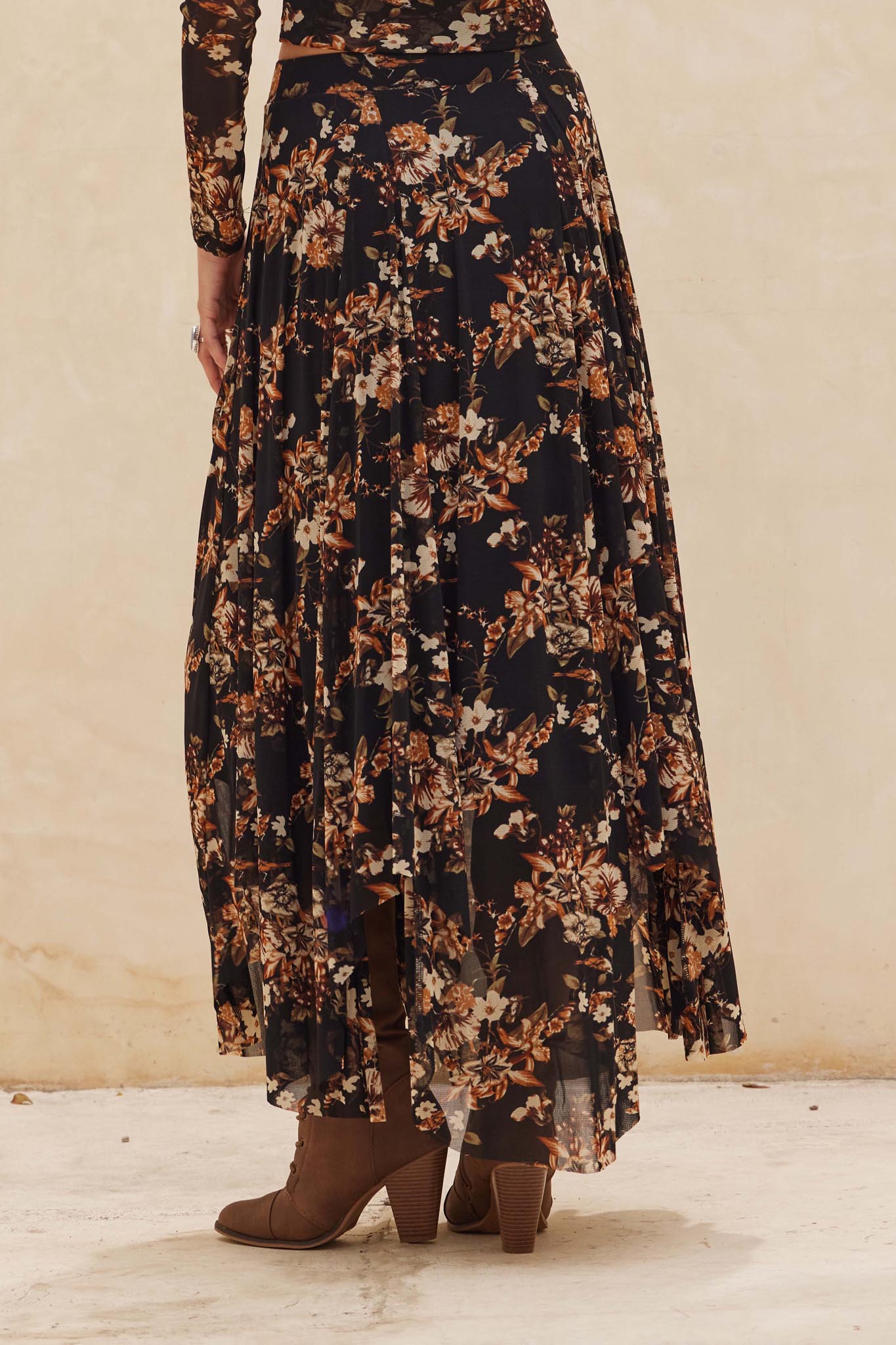 Forgotten Garden Floral Mesh Ruched Maxi Skirt - ShopPromesa