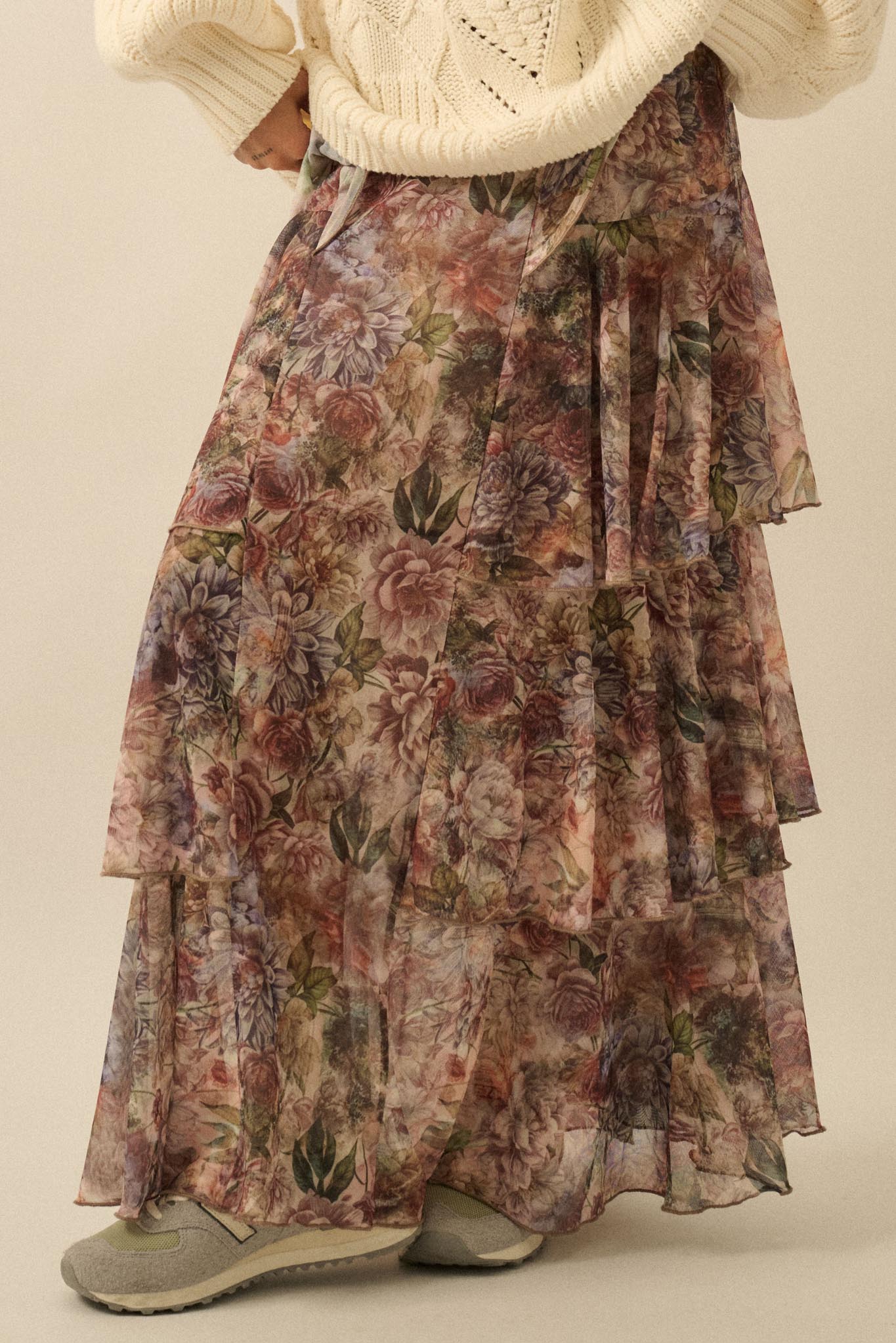 Dream Valley Floral Mesh Tiered Ruffle Maxi Skirt - ShopPromesa