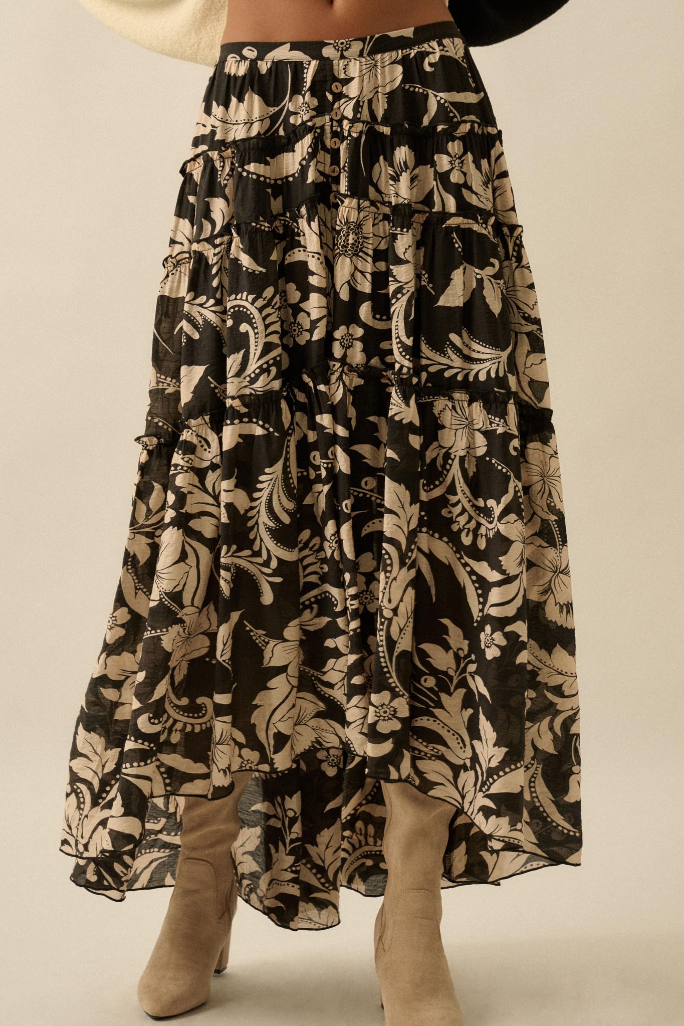 Bohemian Bouquet Floral Chiffon Tiered Maxi Skirt - ShopPromesa