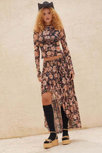 Floral Flourish Mesh High-Low Ruffle Maxi Skirt - ShopPromesa