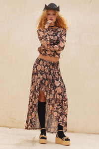 Floral Flourish Mesh High-Low Ruffle Maxi Skirt - ShopPromesa