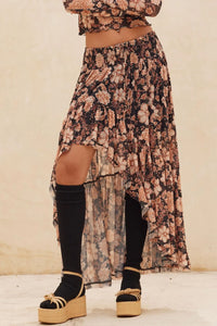 Floral Flourish Mesh High-Low Ruffle Maxi Skirt - ShopPromesa