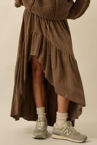 Oh So Soft Vegan Suede High-Low Ruffle Maxi Skirt - ShopPromesa
