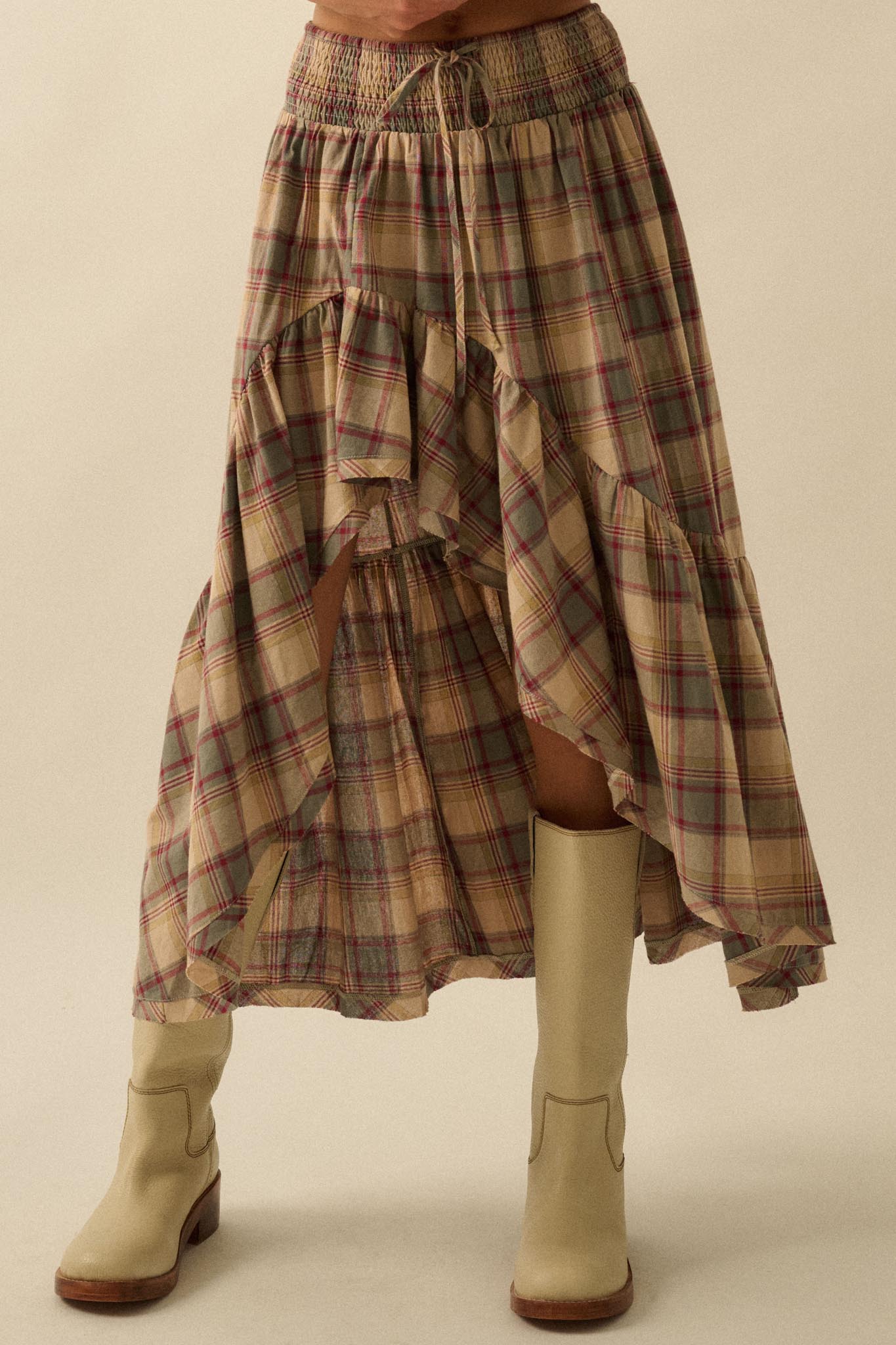 Country Mile Plaid High-Low Ruffle Maxi Skirt - ShopPromesa