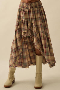 Country Mile Plaid High-Low Ruffle Maxi Skirt - ShopPromesa