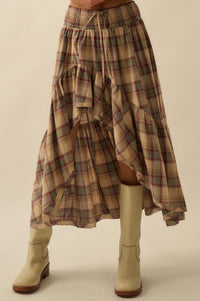 Country Mile Plaid High-Low Ruffle Maxi Skirt - ShopPromesa