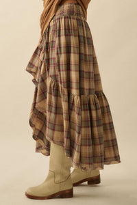 Country Mile Plaid High-Low Ruffle Maxi Skirt - ShopPromesa