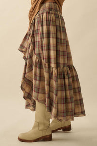 Country Mile Plaid High-Low Ruffle Maxi Skirt - ShopPromesa