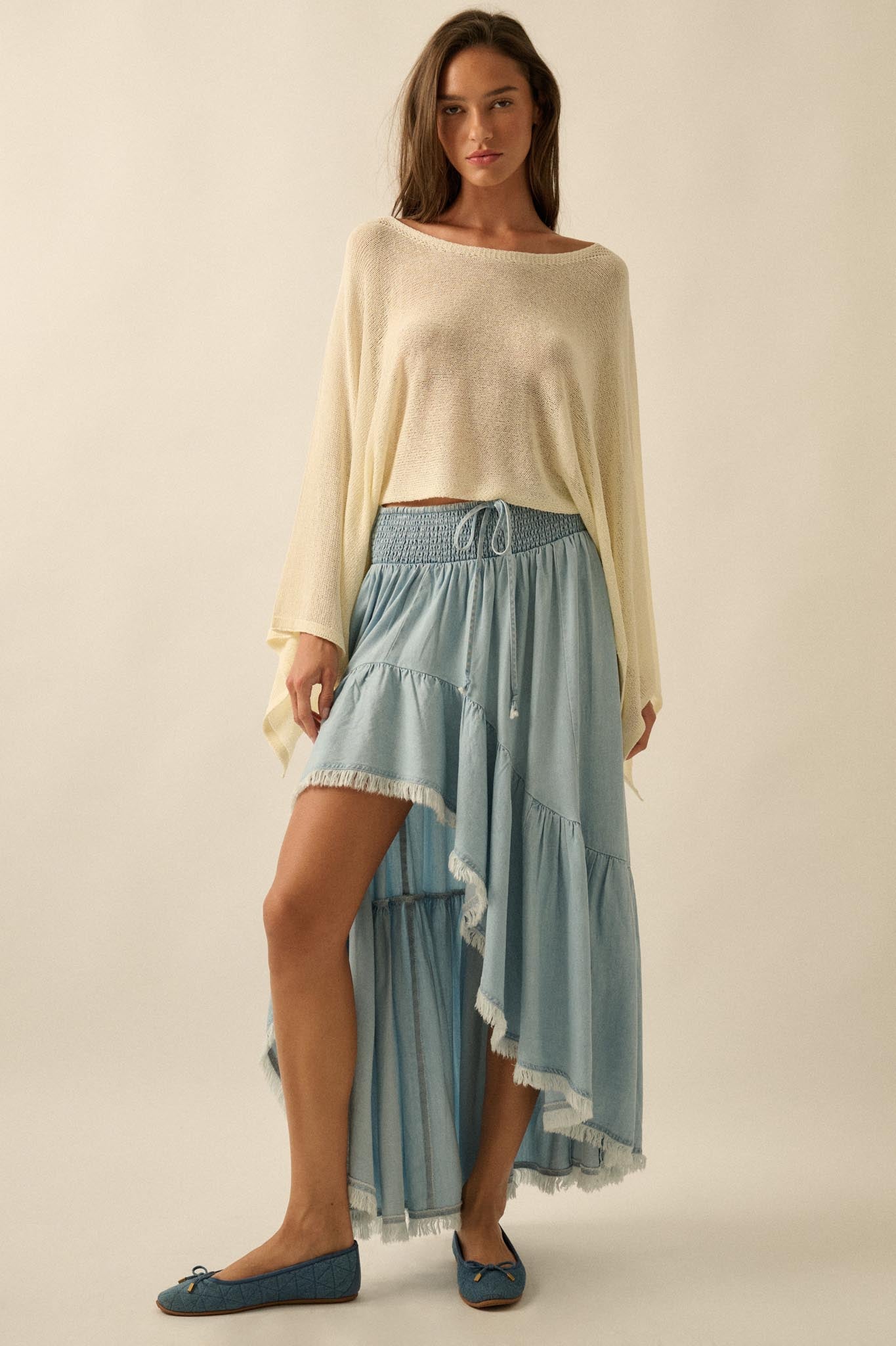 Breezy Sky Denim High-Low Tiered Ruffle Maxi Skirt - ShopPromesa