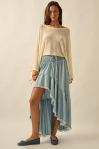 Breezy Sky Denim High-Low Tiered Ruffle Maxi Skirt - ShopPromesa