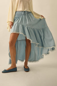 Breezy Sky Denim High-Low Tiered Ruffle Maxi Skirt - ShopPromesa