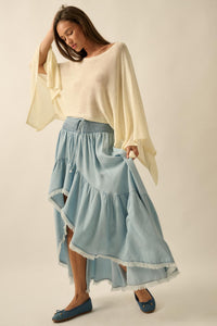 Breezy Sky Denim High-Low Tiered Ruffle Maxi Skirt - ShopPromesa