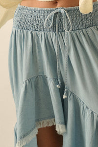 Breezy Sky Denim High-Low Tiered Ruffle Maxi Skirt - ShopPromesa