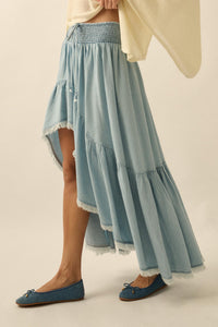 Breezy Sky Denim High-Low Tiered Ruffle Maxi Skirt - ShopPromesa