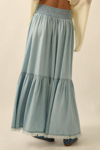 Breezy Sky Denim High-Low Tiered Ruffle Maxi Skirt - ShopPromesa