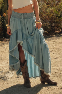 Breezy Sky Denim High-Low Tiered Ruffle Maxi Skirt - ShopPromesa