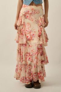Rosy Blooms Floral Mesh Tiered Ruffle Maxi Skirt - ShopPromesa