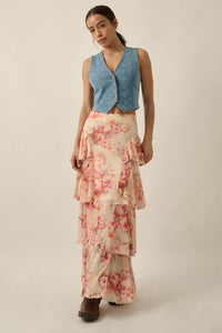Rosy Blooms Floral Mesh Tiered Ruffle Maxi Skirt - ShopPromesa