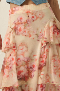 Rosy Blooms Floral Mesh Tiered Ruffle Maxi Skirt - ShopPromesa