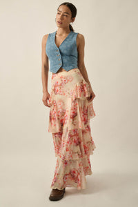 Rosy Blooms Floral Mesh Tiered Ruffle Maxi Skirt - ShopPromesa