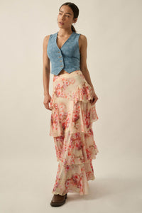 Rosy Blooms Floral Mesh Tiered Ruffle Maxi Skirt - ShopPromesa