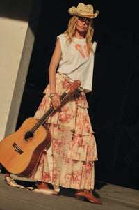 Rosy Blooms Floral Mesh Tiered Ruffle Maxi Skirt - ShopPromesa