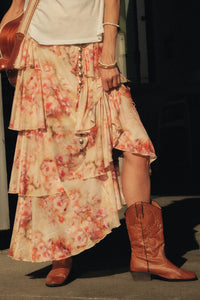 Rosy Blooms Floral Mesh Tiered Ruffle Maxi Skirt - ShopPromesa