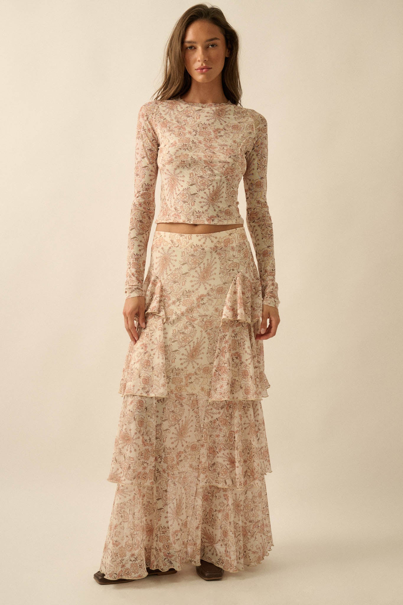 Pure Fantasy Paisley Mesh Tiered Ruffle Maxi Skirt - ShopPromesa