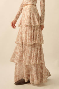 Pure Fantasy Paisley Mesh Tiered Ruffle Maxi Skirt - ShopPromesa
