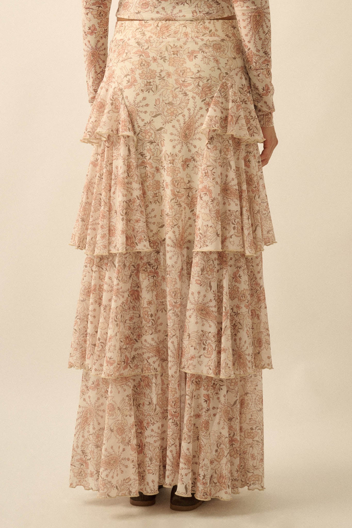 Pure Fantasy Paisley Mesh Tiered Ruffle Maxi Skirt - ShopPromesa