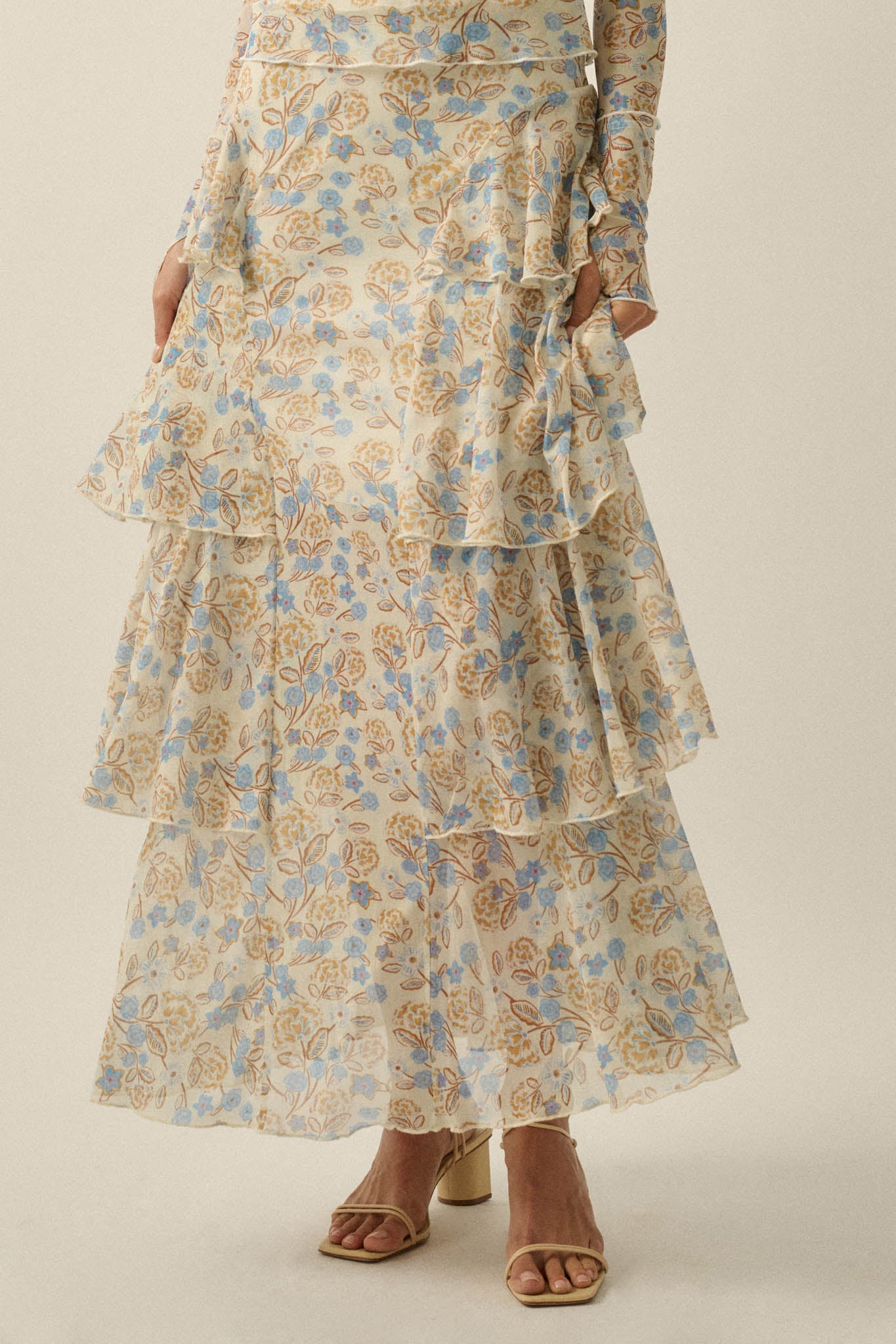 Ruffled Petals Floral Mesh Cascade Maxi Skirt - ShopPromesa
