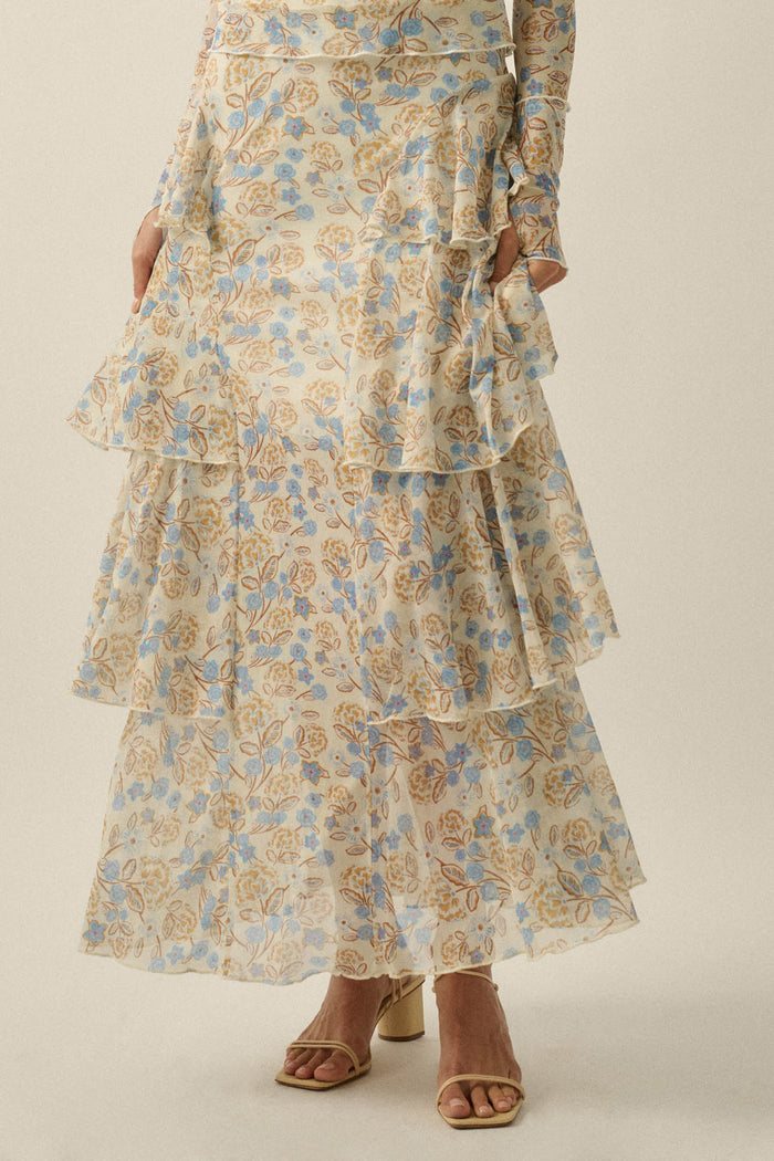 Ruffled Petals Floral Mesh Cascade Maxi Skirt - ShopPromesa