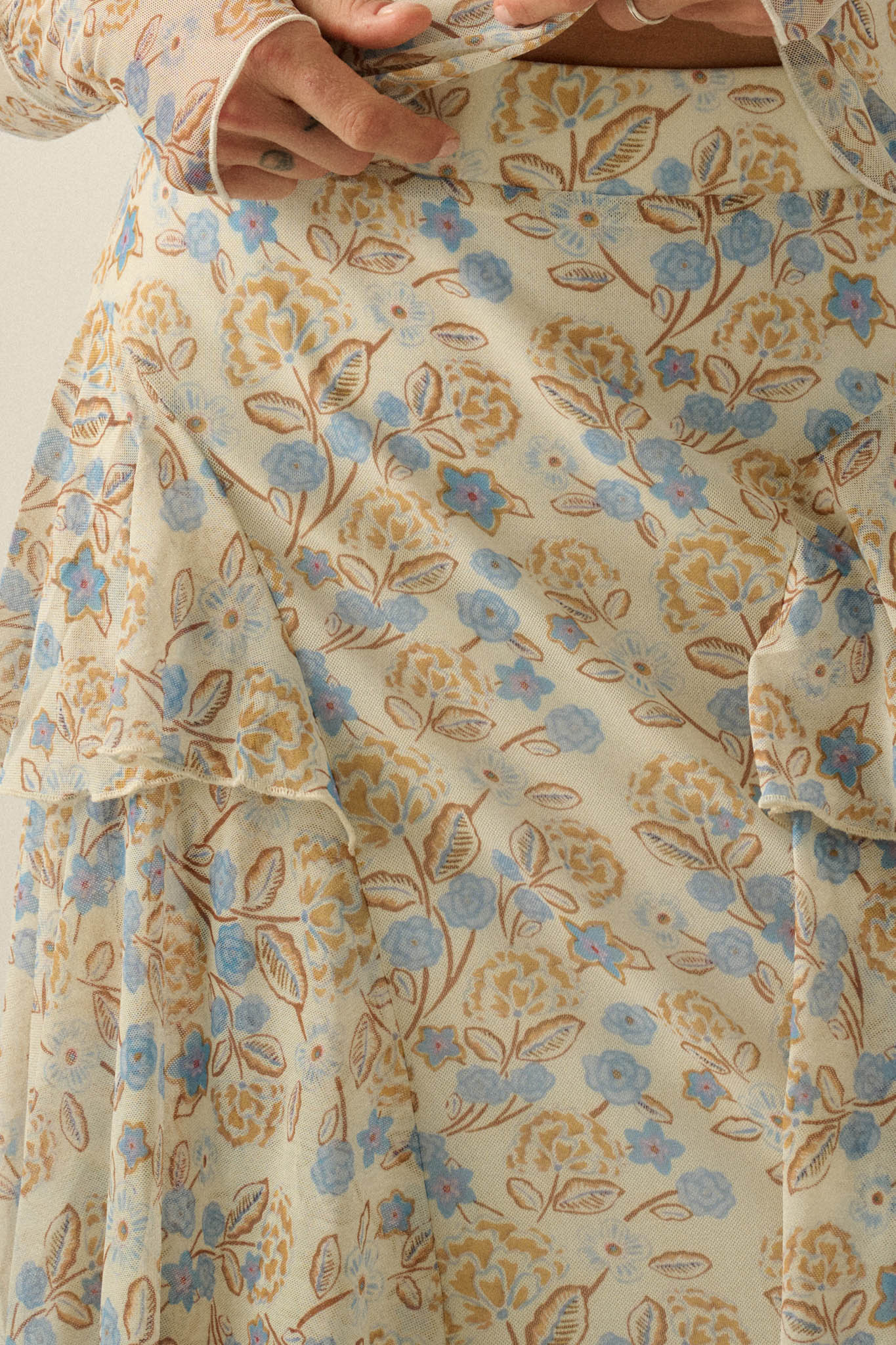 Ruffled Petals Floral Mesh Cascade Maxi Skirt - ShopPromesa