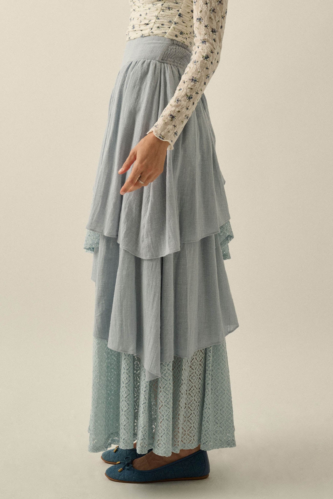 Flow Free Tiered Cotton Gauze and Lace Maxi Skirt - ShopPromesa