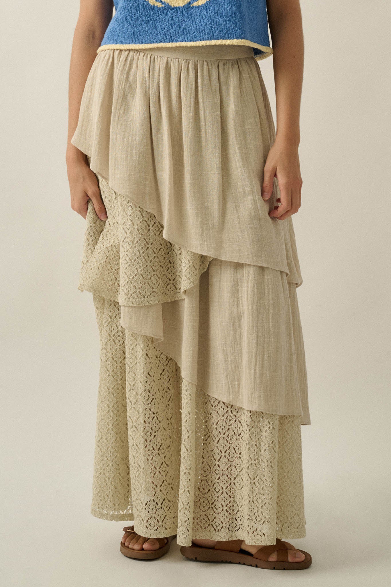 Flow Free Tiered Cotton Gauze and Lace Maxi Skirt - ShopPromesa