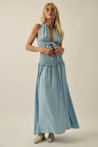 Forever Blue Denim Drop-Waist Smocked Maxi Skirt - ShopPromesa