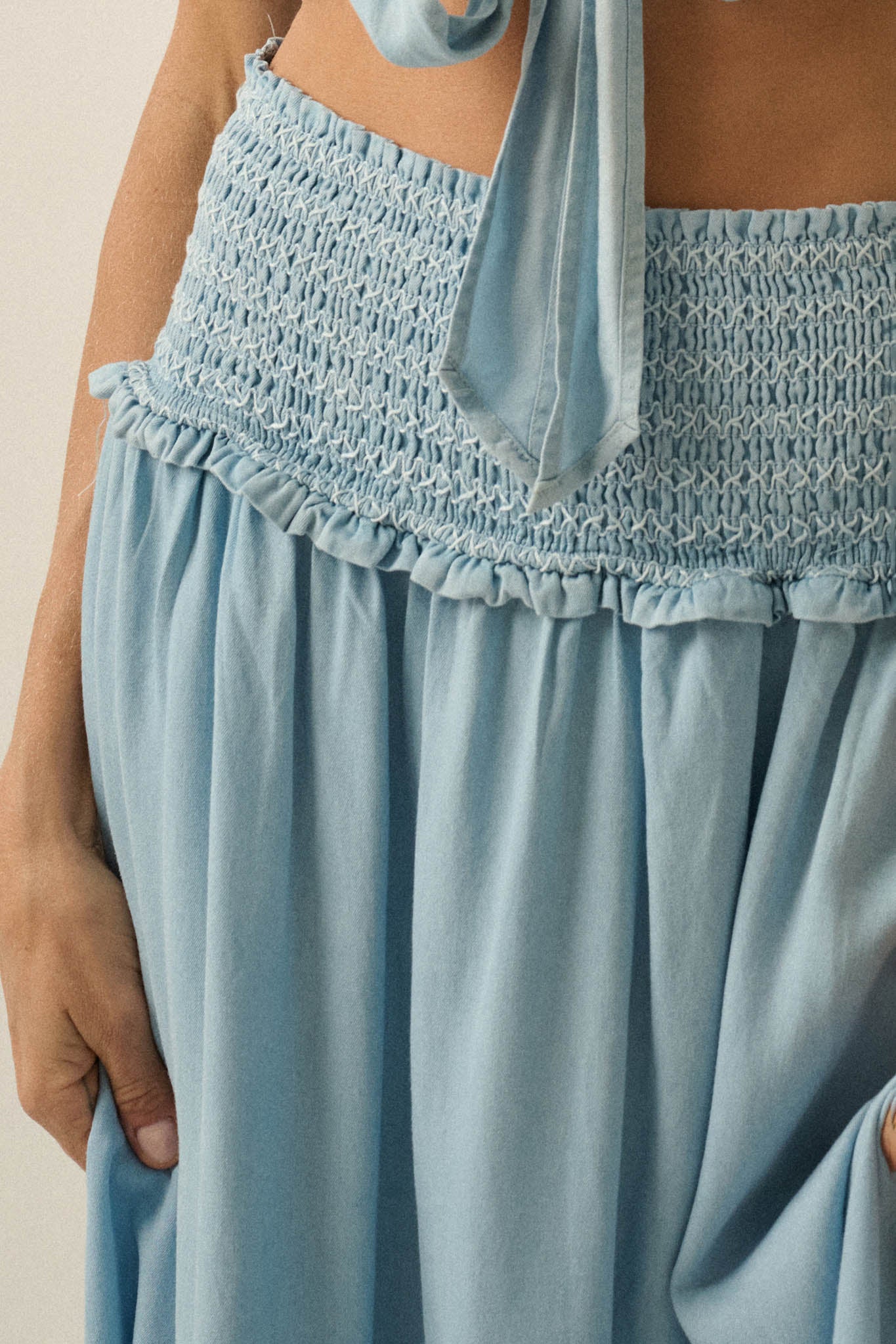Forever Blue Denim Drop-Waist Smocked Maxi Skirt - ShopPromesa