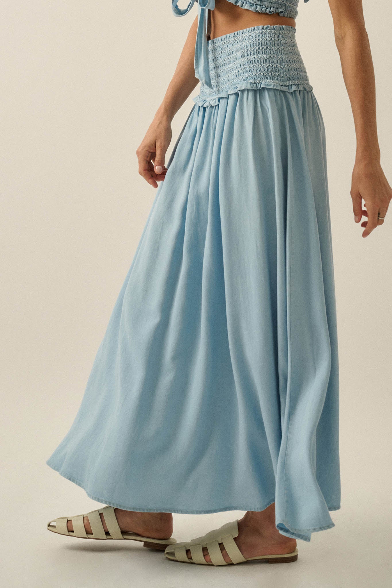 Forever Blue Denim Drop-Waist Smocked Maxi Skirt - ShopPromesa