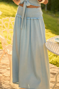 Forever Blue Denim Drop-Waist Smocked Maxi Skirt - ShopPromesa