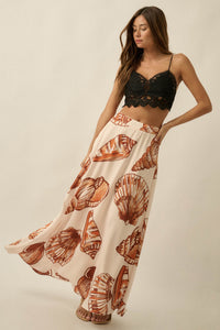Enchanted Cove Shell-Print Satin A-Line Maxi Skirt - ShopPromesa