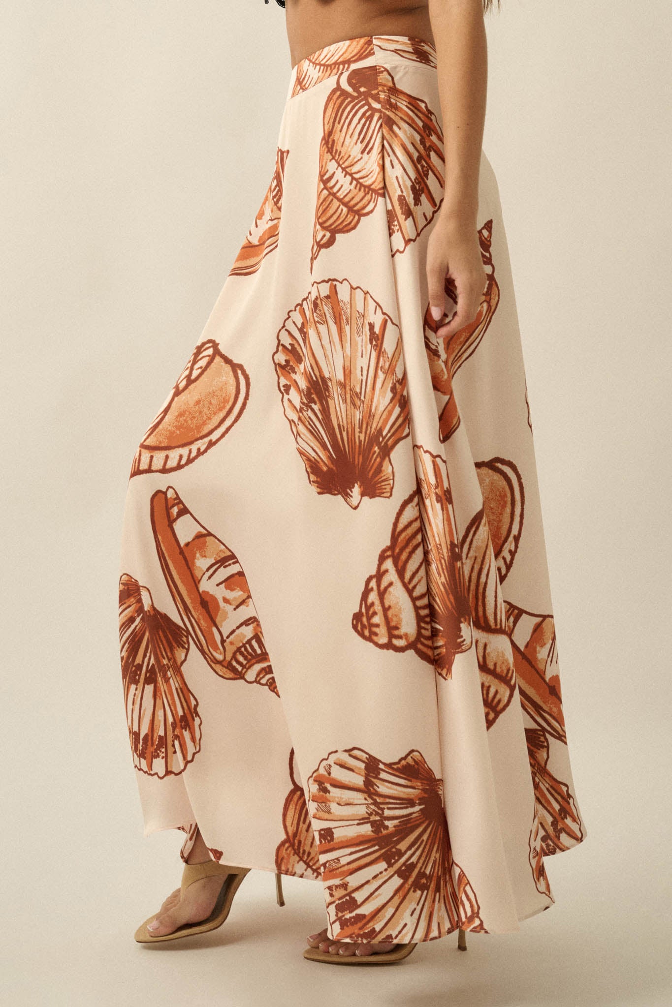 Enchanted Cove Shell-Print Satin A-Line Maxi Skirt - ShopPromesa