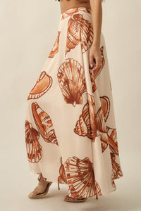 Enchanted Cove Shell-Print Satin A-Line Maxi Skirt - ShopPromesa